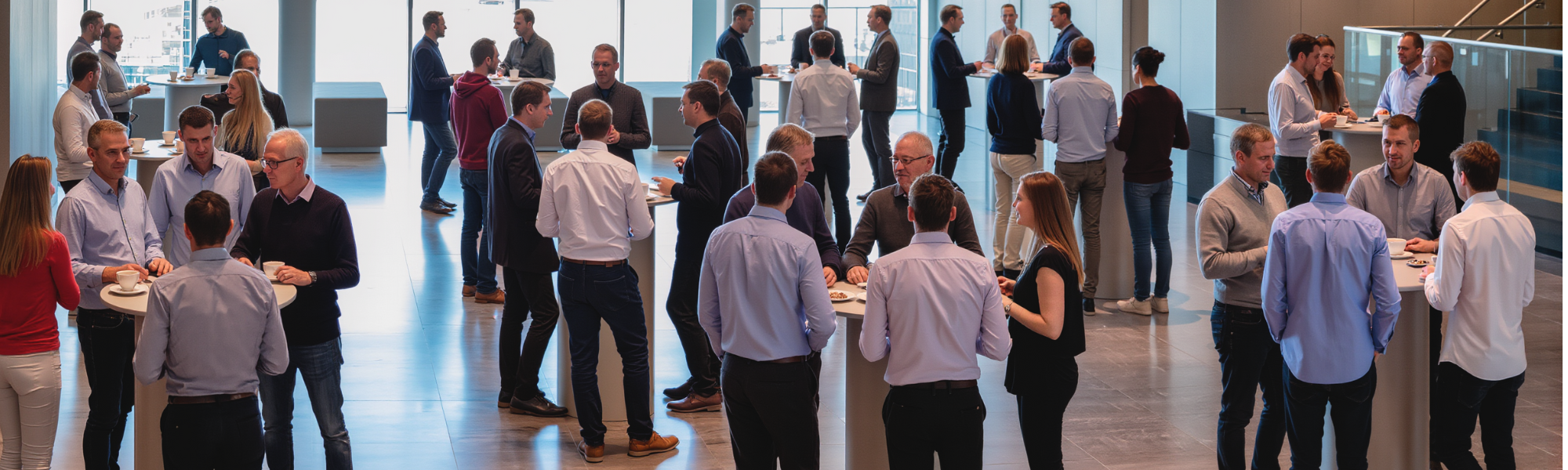 Eine Gruppe Geschäftsreisender steht während einer Paus zusammen