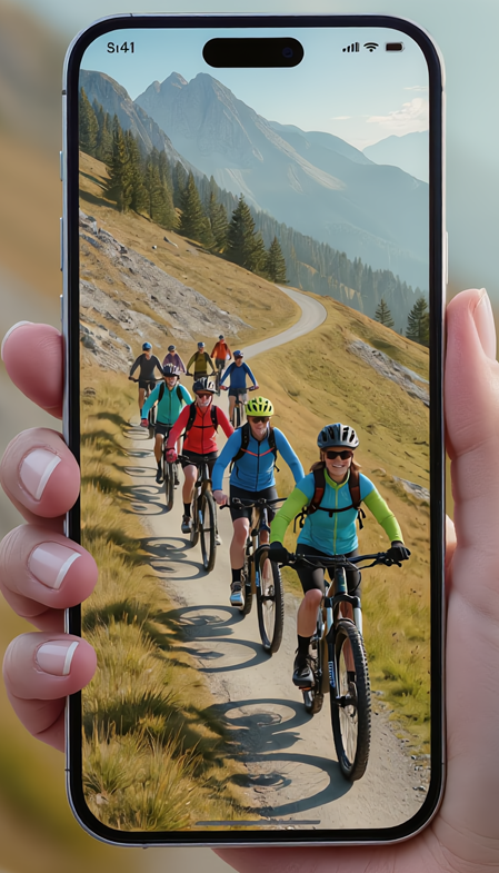 Eine Incentivegruppe fährt mit Mountainbikes durch ein Gebirge